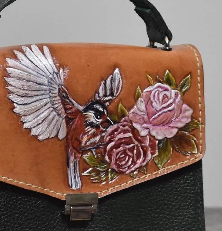 "Chakavak" Handmade Leather Crossbody Bag with Floral and Bird Engraving - (Contact Us to Order)